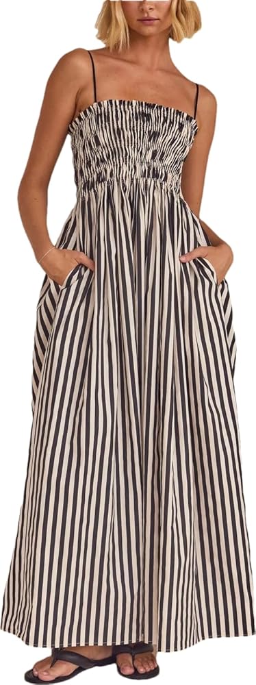 Black Striped Midi Dress for Women Spaghetti Strap Elastic
